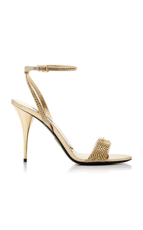 prada crystal-embellished metallic leather sandals|farfetch prada shoes.